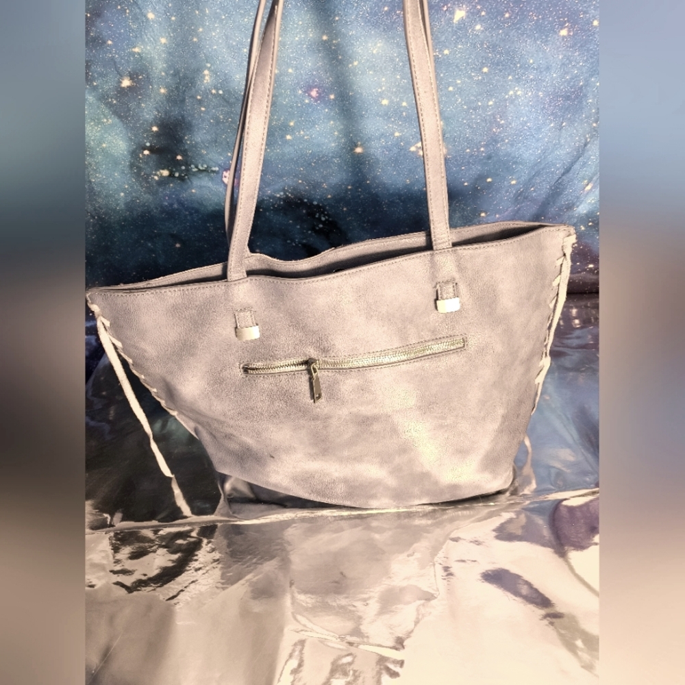 Elegant Gray Leather & Suede Tote Bag.